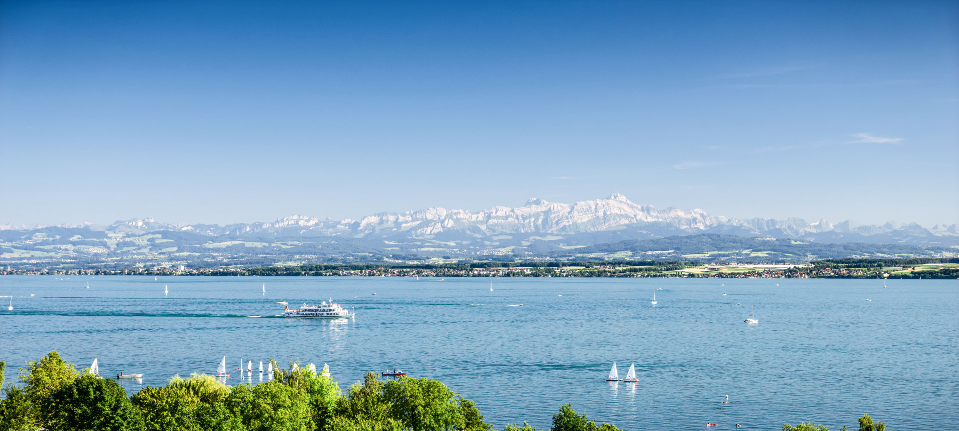 Bodenseepanorama Panoramabild des Bodensees mit Alpen im Hintergrund
